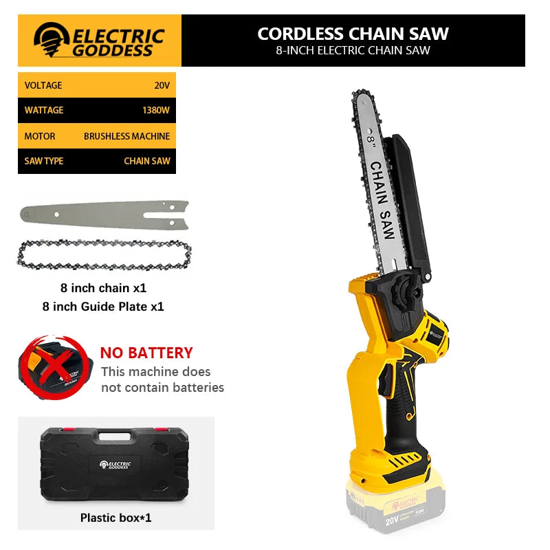 8 Inch 1380W Brushless Yellow Electric Chain Saw Professional Garden Pruning Saw Power Tool For Dewalt 20V Battery Pin