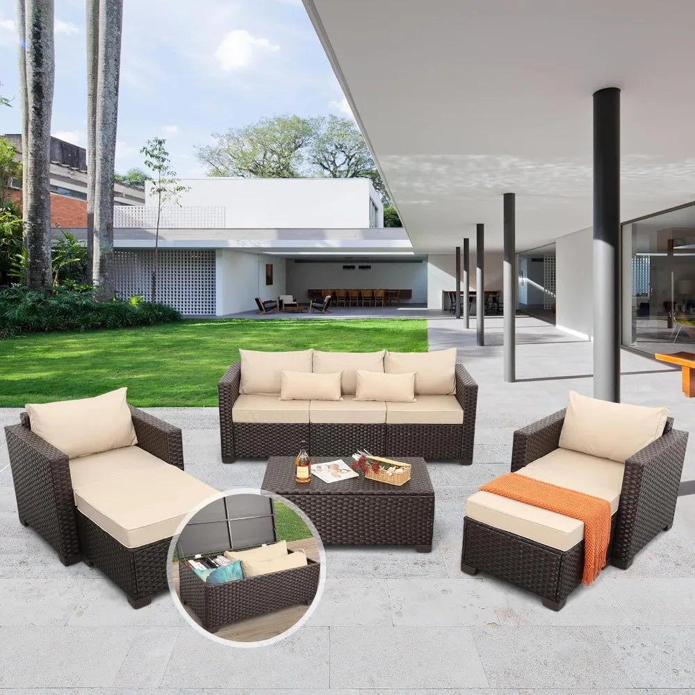 6 Pieces Patio Outdoor Furniture Outdoor Conversation Sets Wicker Sofa Set with Outdoor Couch Patio Chairs Storage Coffee Table