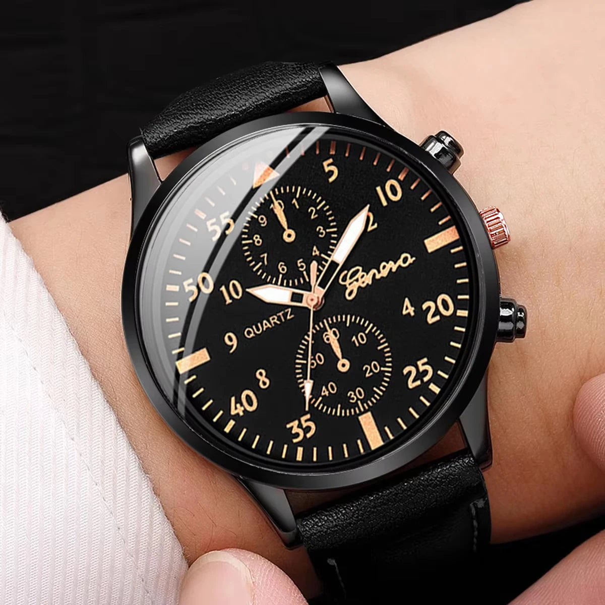 4PCS Men's Business Watches Fashion Leather Band Analog Quartz Watch with Woven Bracelets Set(Without Box)