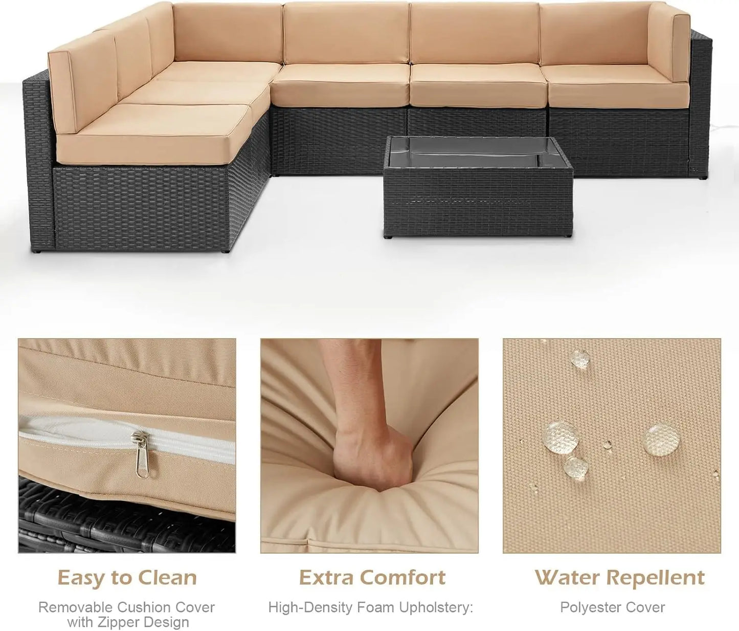 Outdoor Patio Furniture Set, PE Rattan Wicker Sectional Sofa with Cushions & Tea Table, 7 Piece, Black & Beige, Custom