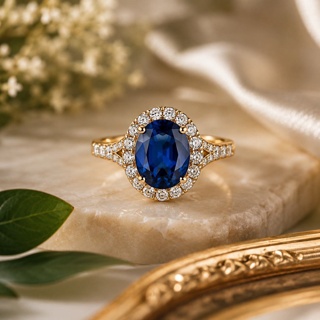 Luxury Sapphire Halo Ring – 18K Gold Plated Oval Blue Gemstone Ring