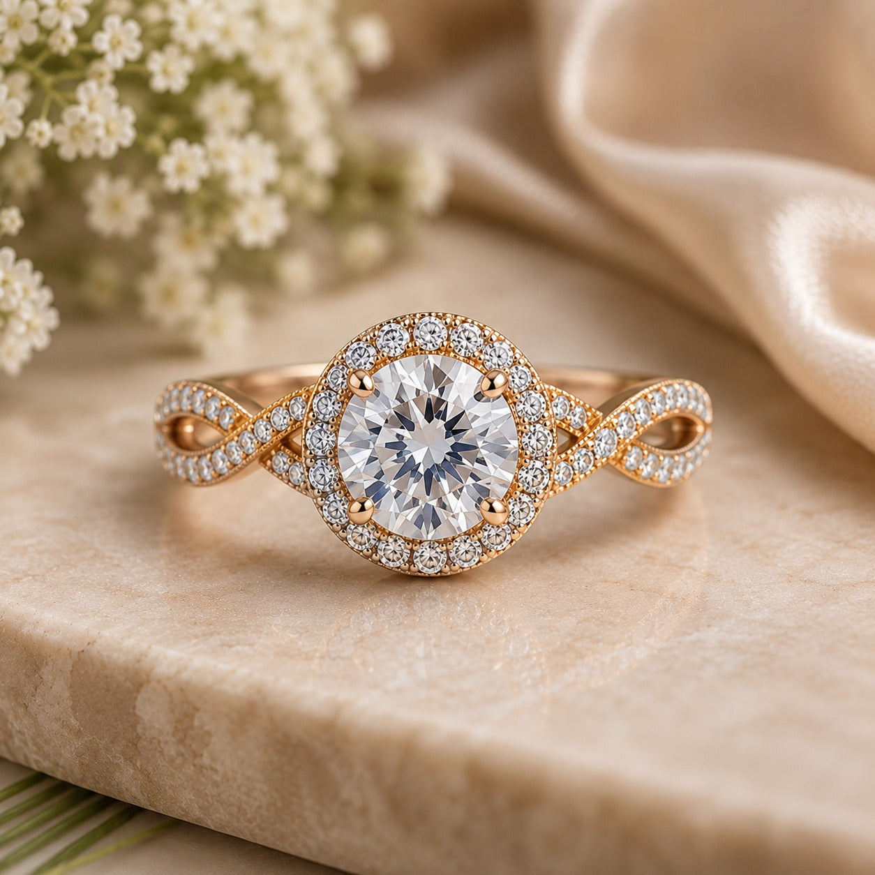 Rose Gold Halo Infinity Ring – Elegant Round-Cut Statement Ring for Women