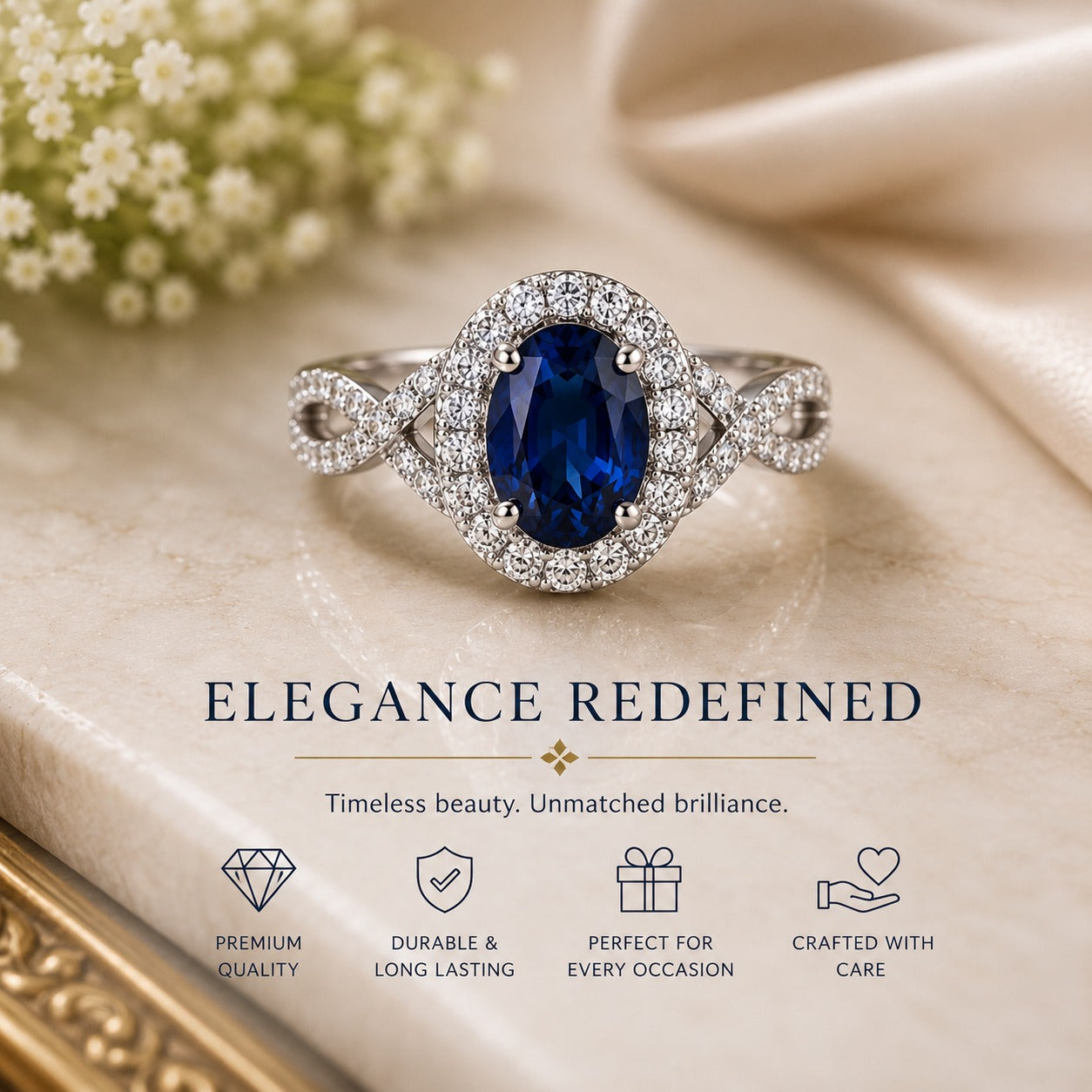 Luxury Blue Sapphire Halo Ring – Silver-Plated Oval Gemstone Ring for Women