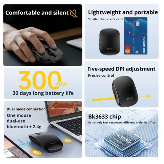 Delux Pocket Folding Mouse Wireless 2.4G Bluetooth5.2 Silent Click Portable Ultra-light 55g for MacBook Tablet Computer PC Mice