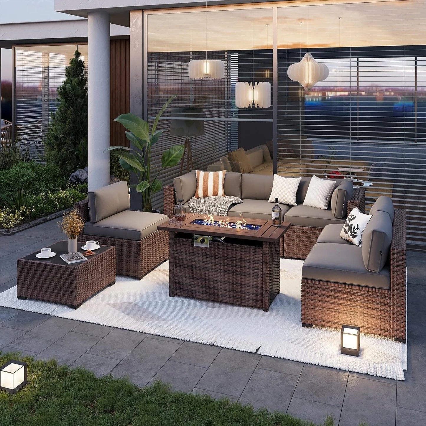 Nordivale 44'' Outdoor Wicker Gas Fire Pit Table, 50,000 BTU Propane Firepit with Lid, Patio Furniture Set for Backyard Poolside Garden (Brown)