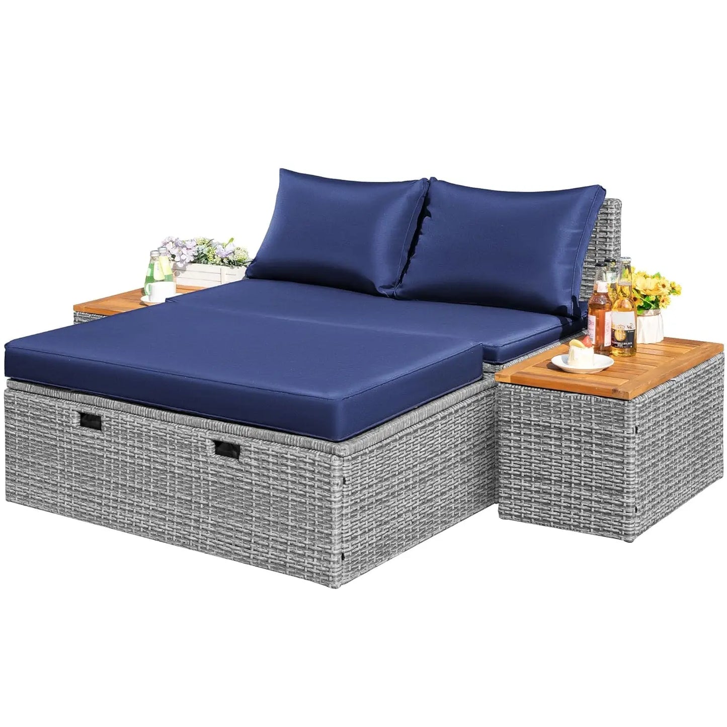Outdoor Rattan Daybed with 2 Side Tables, Multifunctional Wicker Patio Sofa with Storage Ottoman, Cushions, Customized