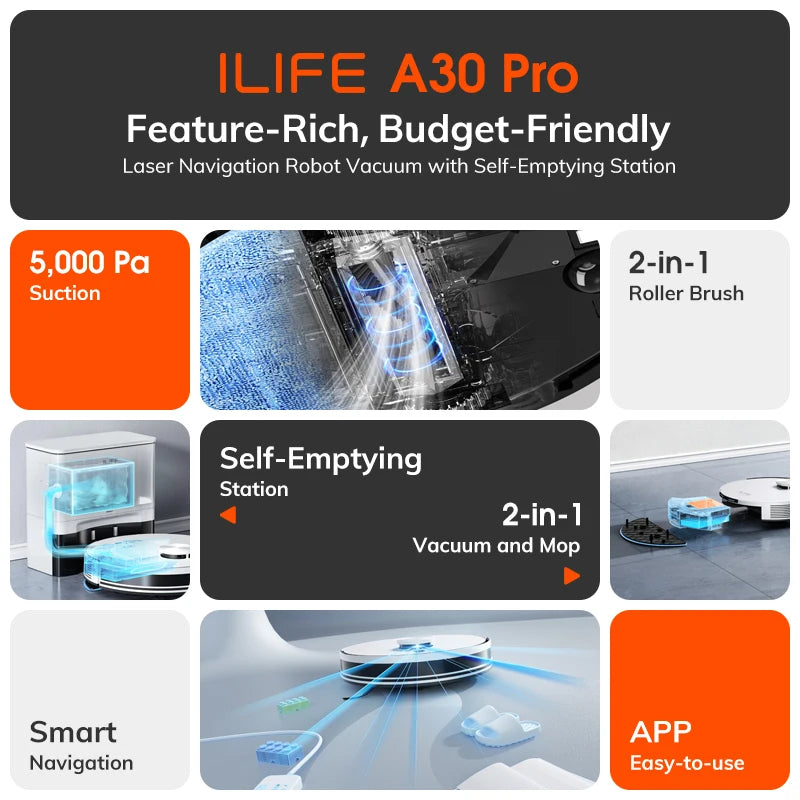 ILIFE A30 PRO 5000Pa Suction, Robot Vacuum and Mop Combo, Self emptying, 60 day capacity, App/remote , 180 minute running time