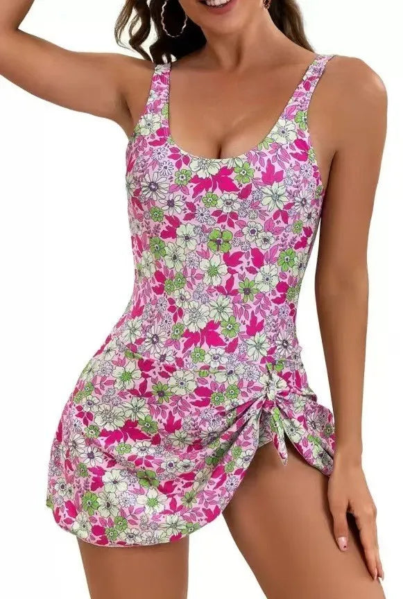 Women Swimsuit Floral Print Tummy Control Swimwear Backless Wrap Skirt Bathing Suit Side Tie Swimsuit Woman Solid Color High