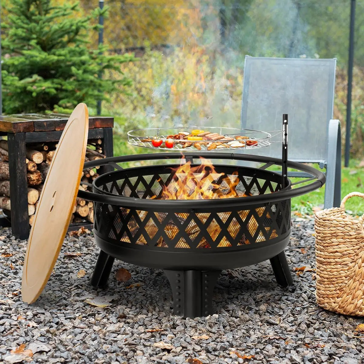 38 Inch Wood Burning Fire Pit for Outside, Round Firepit with Grill & Metal Lid, Metal Outdoor Fire Pit Table for Patio Backyard