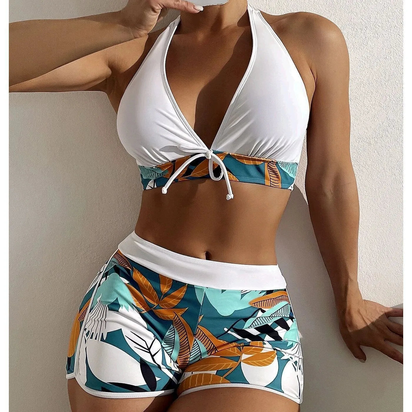 Swimsuit Woman Two Piece Swimsuit Sleeveless Tankini Top High Waist Shorts Swimwear With Tropical Leaf Print Halter Neck