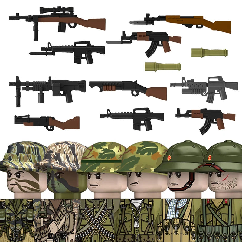 MOC WW2 The Vietnam War Military Soldeirs Building Blocks Vietnamese American Army Infantry Helmets Weapons  Bricks Toys Boys