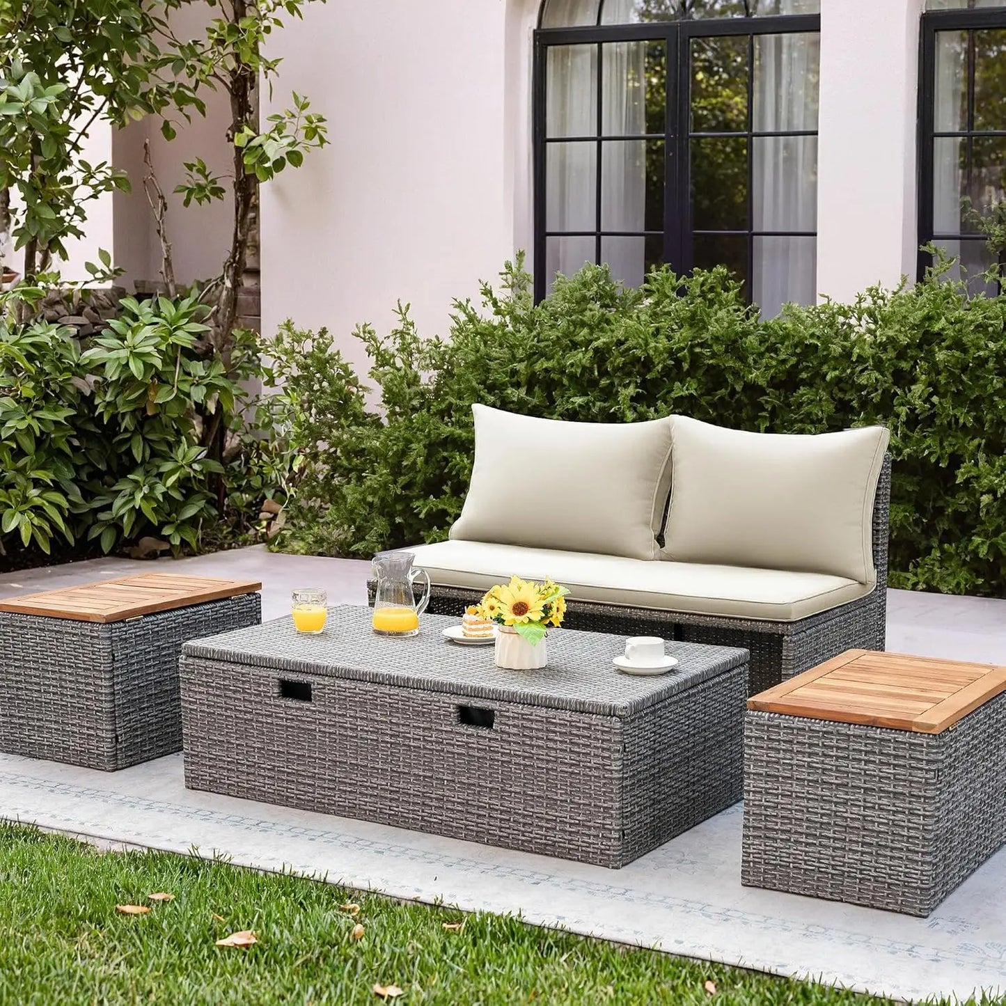 Outdoor Rattan Daybed with 2 Side Tables, Multifunctional Wicker Patio Sofa with Storage Ottoman, Cushions, Customized