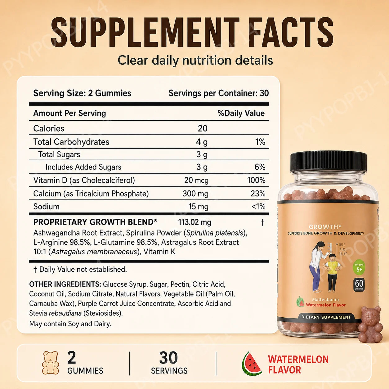Kids Multivitamin Gummies with Calcium Vitamin D Daily Wellness Support for Kids Watermelon Flavor 60 Gummies