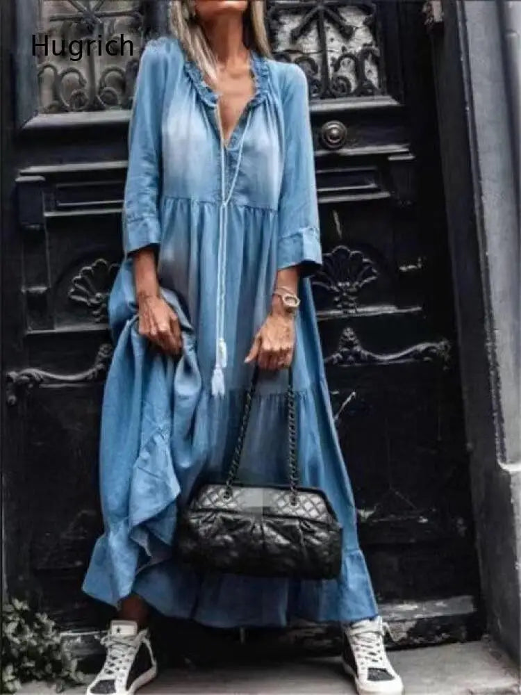 Ruffle Collar V Neck Three Quarter Sleeve Tiered Long Dress Loose Flowy A Line Hem Soft Casual Street Maxi Dress
