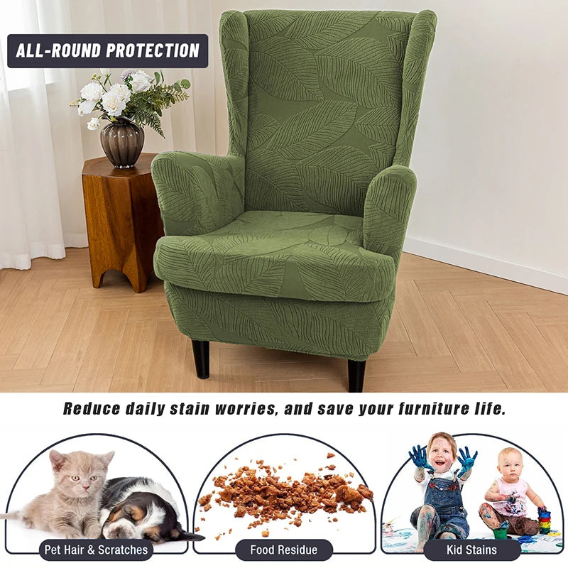 1 Set Jacquard Wing Chair Covers Elastic Single Wing Back Sofa Cover All Inclusive with Seat Cushion Cover for Living Room
