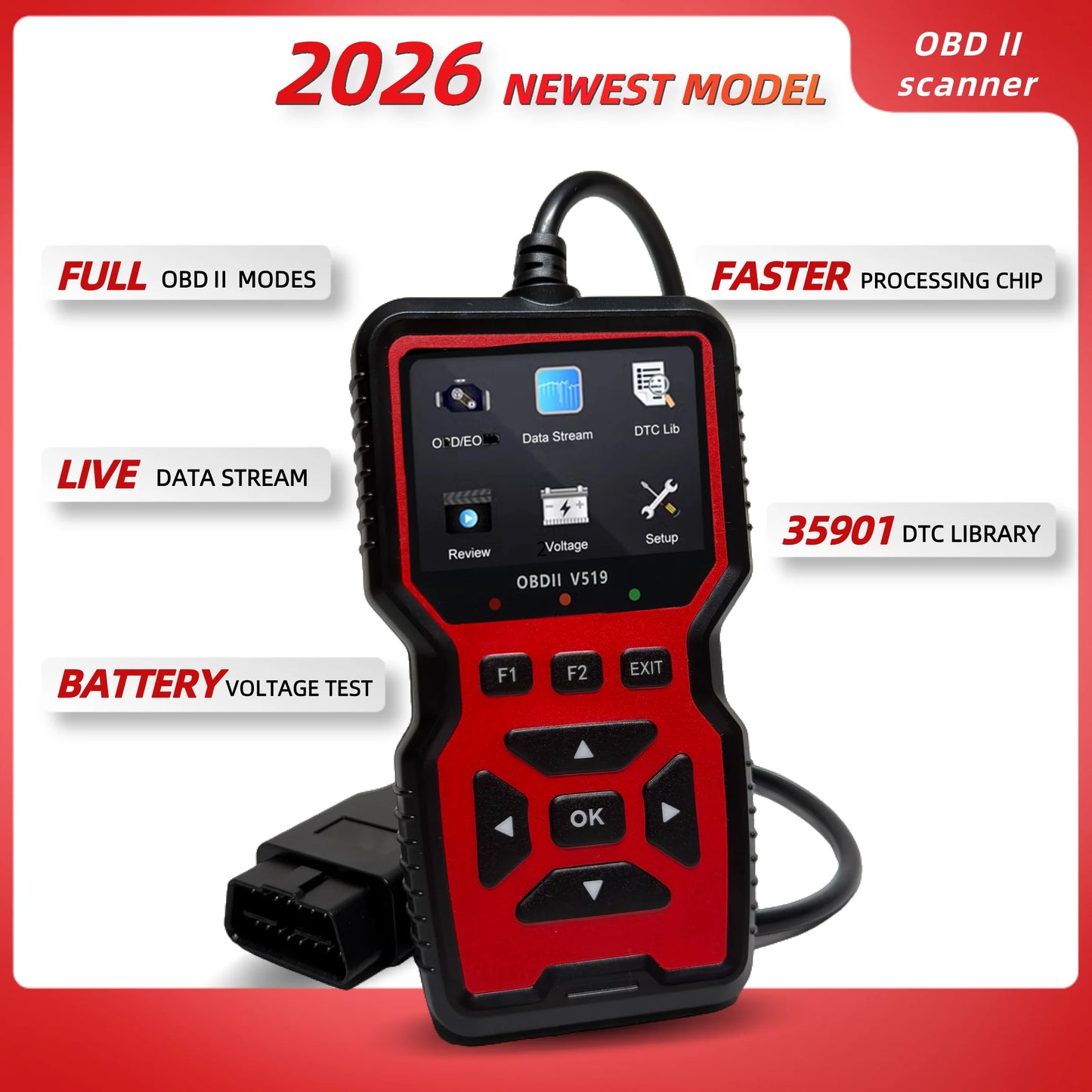 V519 Red Car Diagnostic Scanner Tool Automotive OBD2 Scanner for Engine Health Check with Color Screen