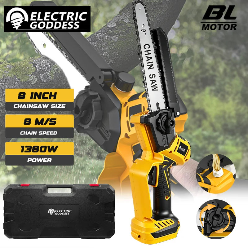 8 Inch 1380W Brushless Yellow Electric Chain Saw Professional Garden Pruning Saw Power Tool For Dewalt 20V Battery Pin