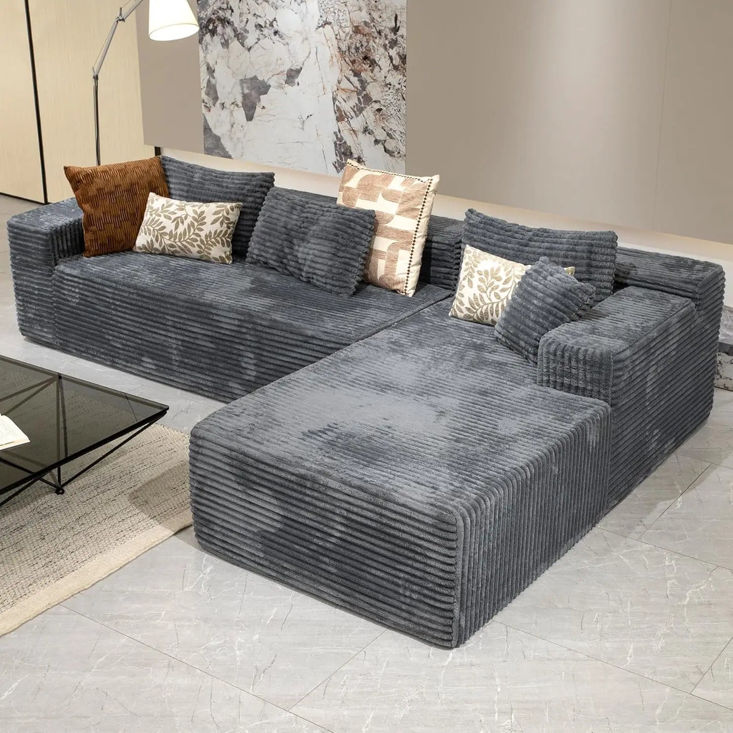 Black sectional couches for Living Room Corduroy Couch，104" Cloud Sectional Couch with L-Shape Chaise， Modern, Customized