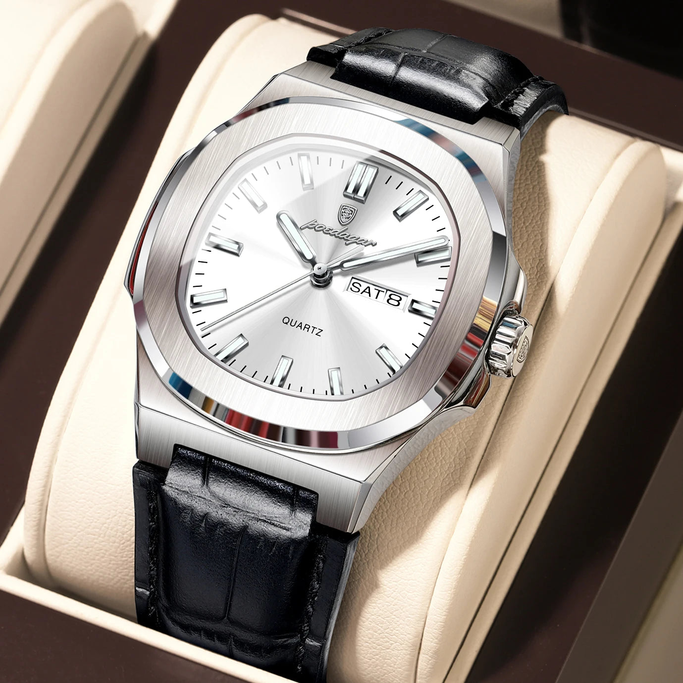 POEDAGAR Top Fashion Men's Quartz Watches Luxury Luminous Waterproof Man Clock Week Date Leather Business Men Watch Reloj Hombre