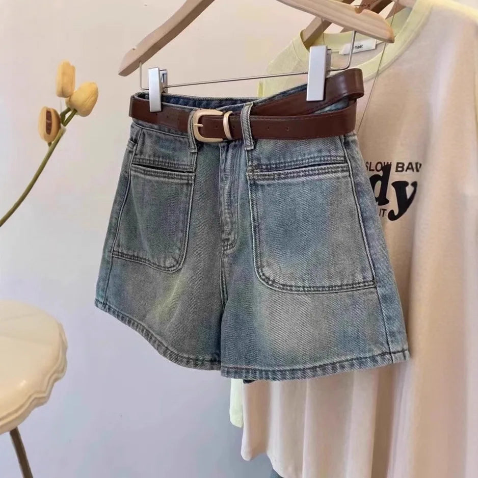 Women High Waist Denim Shorts with Belt Vintage Washed Big Pockets Casual Streetwear Hot Pants Summer Jeans Short
