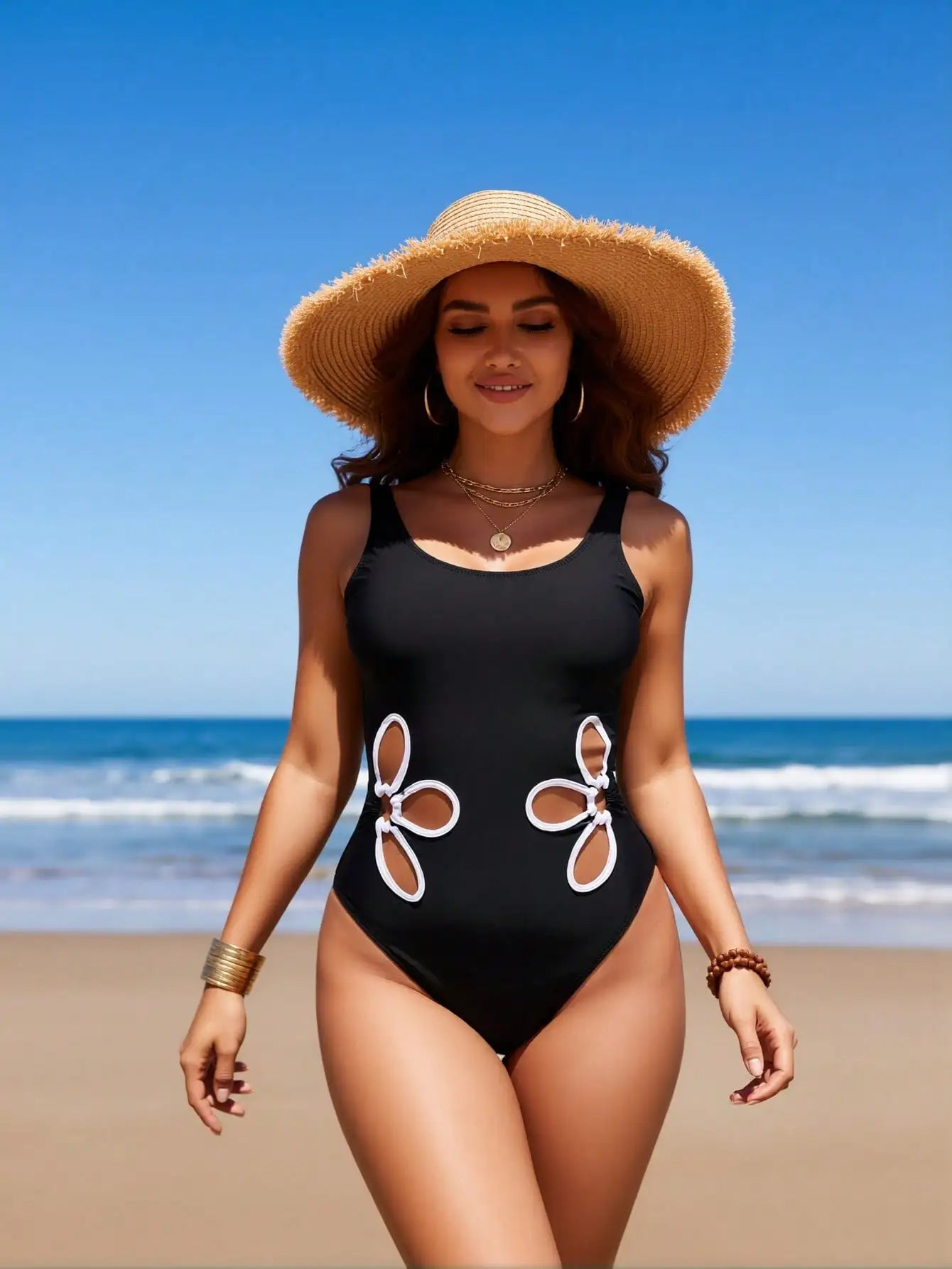 2026 New Women's One-Piece Swimsuit: Solid Black, White Floral Cutout Side Detail, Scoop Neck, High-Cut Leg, Chic Beach Style