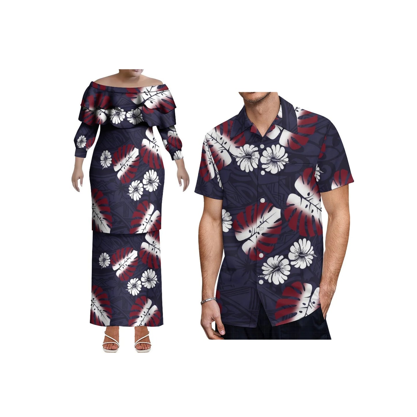 Pacific Island Art Design Customized Plus Size Ladies Long Sleeve Dress Samoa Puletasi Double Layered Ruffle Dress Two Piece Set