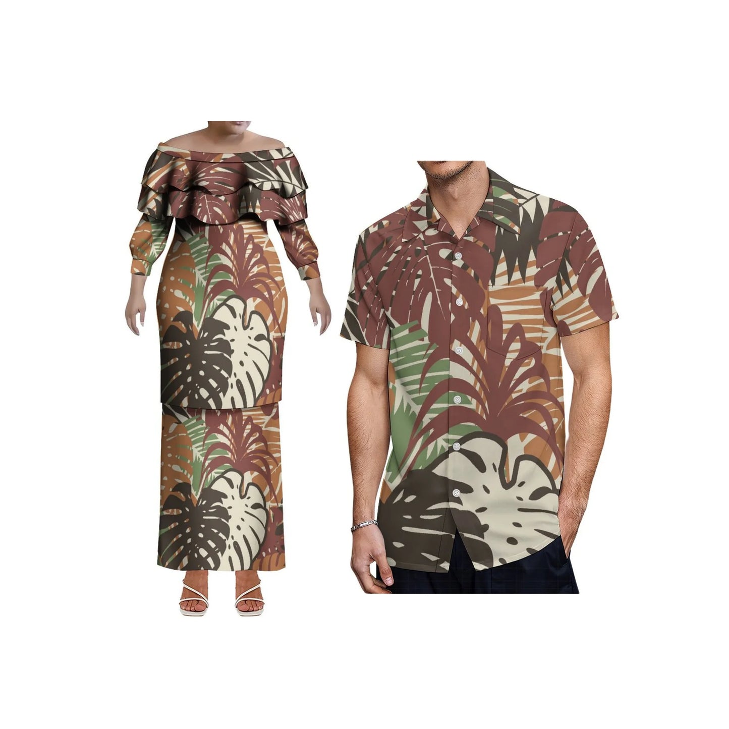Pacific Island Art Design Customized Plus Size Ladies Long Sleeve Dress Samoa Puletasi Double Layered Ruffle Dress Two Piece Set