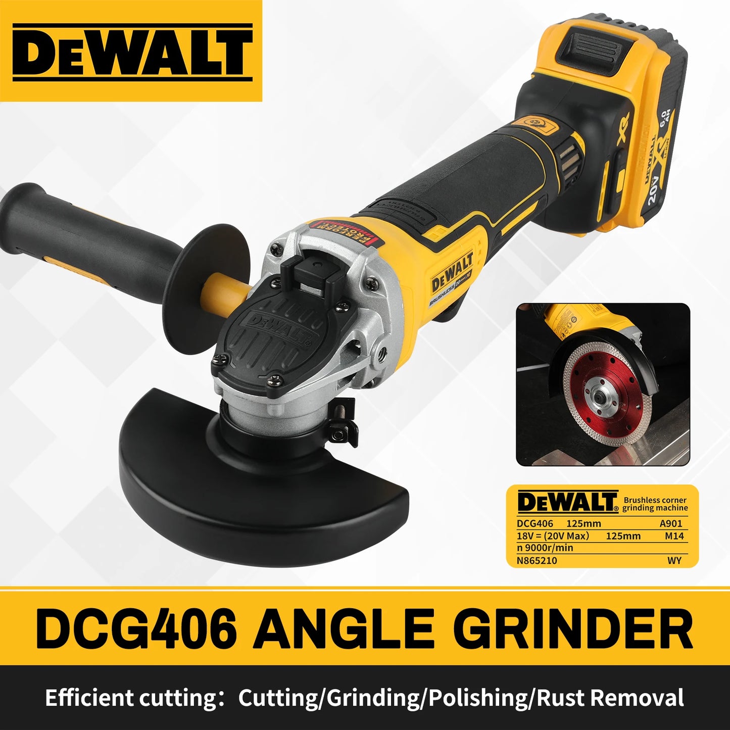 DEWALT DCG406 20V MAX XR Cordless Brushless 125mm Angle Grinder,Bare Tool Only - Efficient Cutting, Grinding & Polishing Machine