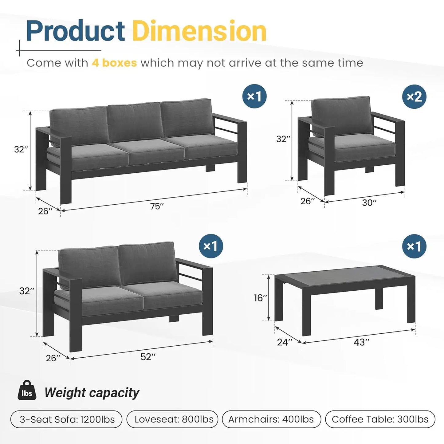 Aluminum Patio Furniture Set for All Weather, Oversized Metal Outdoor Furniture Set with 27.5" Deep Seating and, Customized