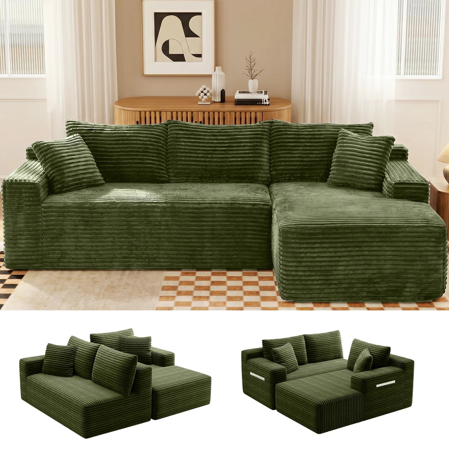 94.5" Cloud Modular Sectional Corduroy Sofa with L-Shape Chaise, No Assembly Deep Seat Corner Couch for Living Room, Black