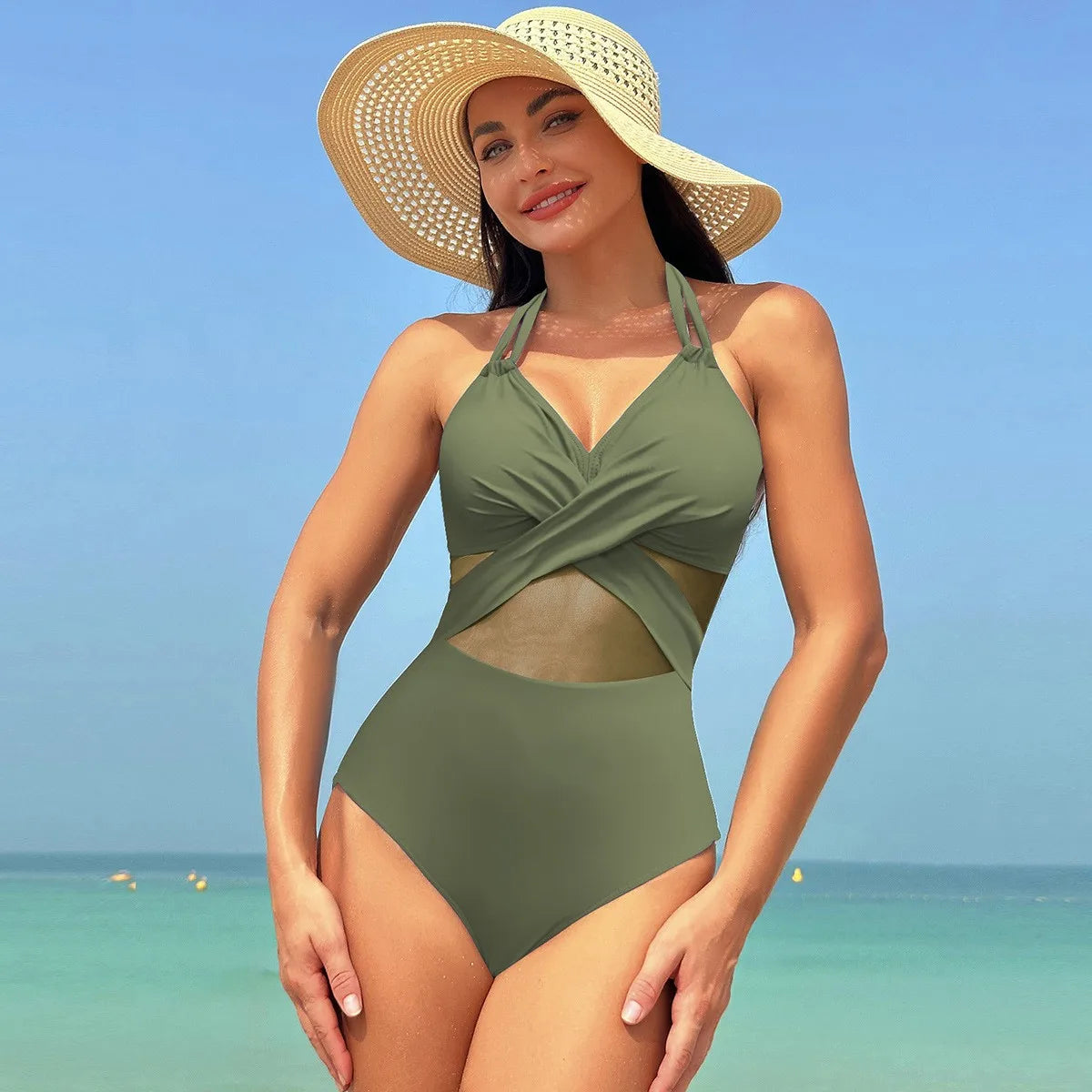 Women's Sleeveless Solid Color Mesh Tankini Bikini Set – Tankini Woman Bathing Suit for Summer Beach Swimwear Dames with Sheer