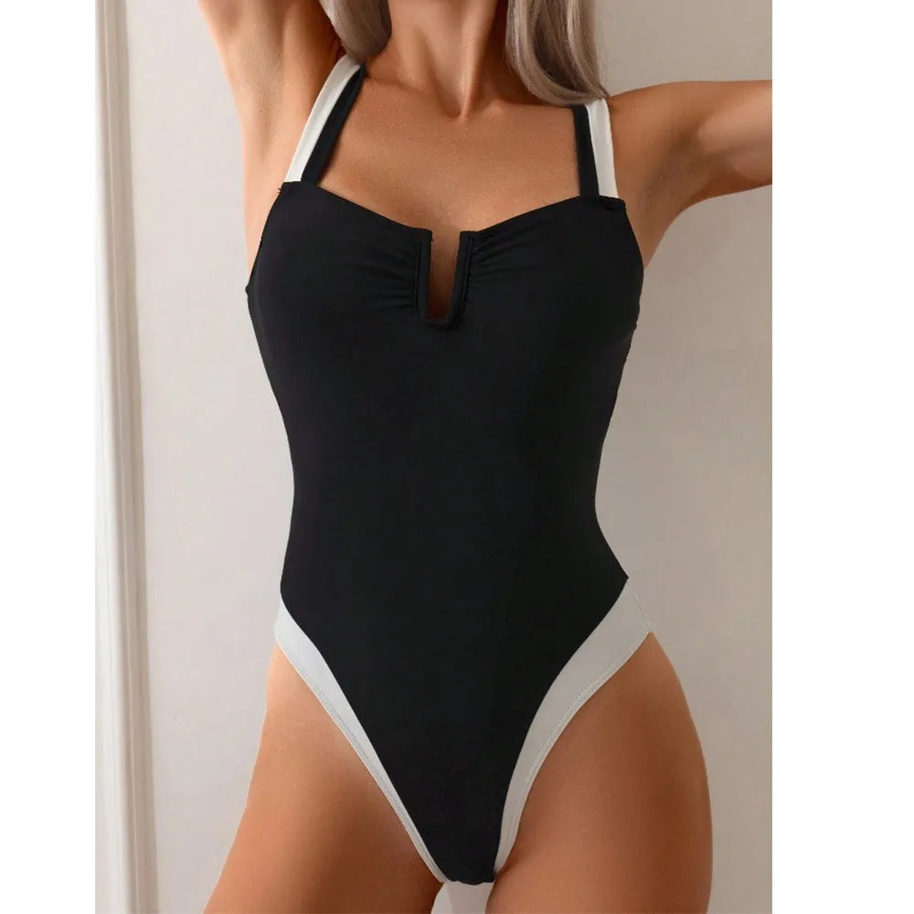 2026 Bikini Woman Tankini Deep V Neck Bikinis Black And White High Cut Leg Swimsuit Ruched Bust Swimwear Women's Tankinis