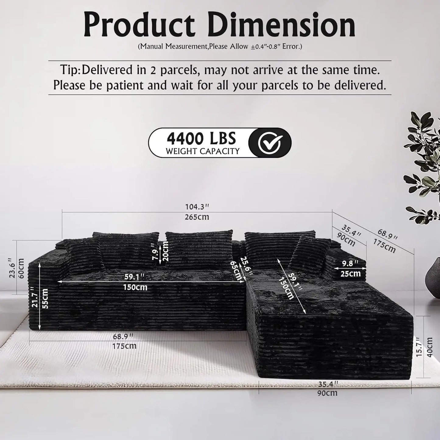 Black sectional couches for Living Room Corduroy Couch，104" Cloud Sectional Couch with L-Shape Chaise， Modern, Customized