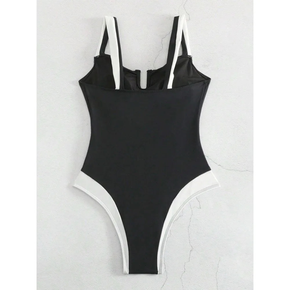 2026 Bikini Woman Tankini Deep V Neck Bikinis Black And White High Cut Leg Swimsuit Ruched Bust Swimwear Women's Tankinis