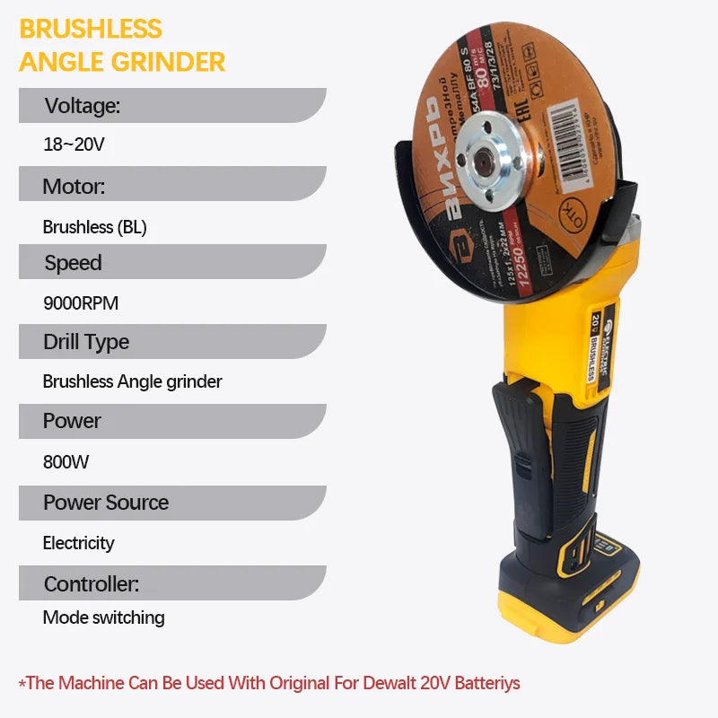 100/125mm Brushless Angle Grinder Metal Polishing 4 Gears Cordless Grinding Machine Power Tool For Dewalt 20v Battery Pins