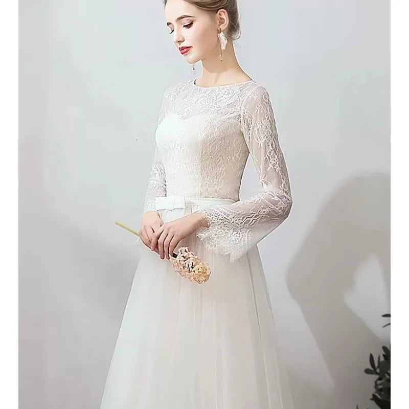 2026 New Bridal Retro Long Sleeve Wedding Dress, Evening Dress, Fashionable, Simple and Slim Outing Yarn Super Fairy Dress