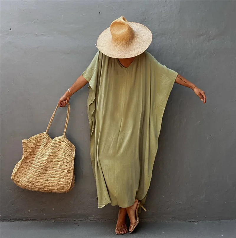 Plus Size Womens Caftan Kaftans Casual V Neck Caftans Long Soft Beach Maxi Dress for Summer