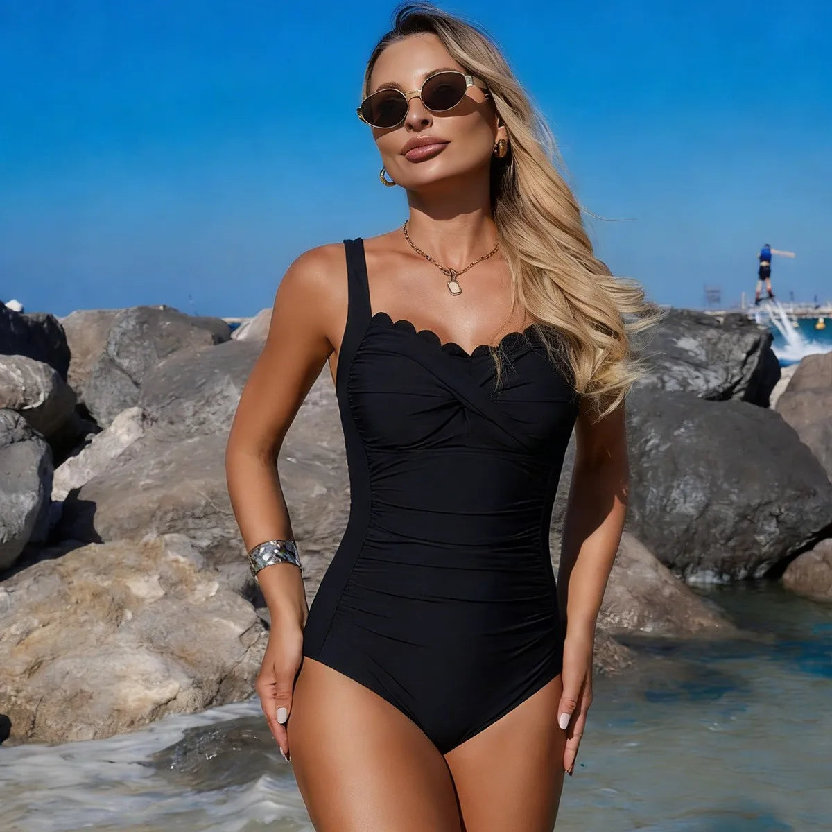 Black Swimsuit Scalloped Neckline Twisted Front Olive Green One-Piece Swimsuit Ruched Waist Side Panel Contrast High Cut Leg