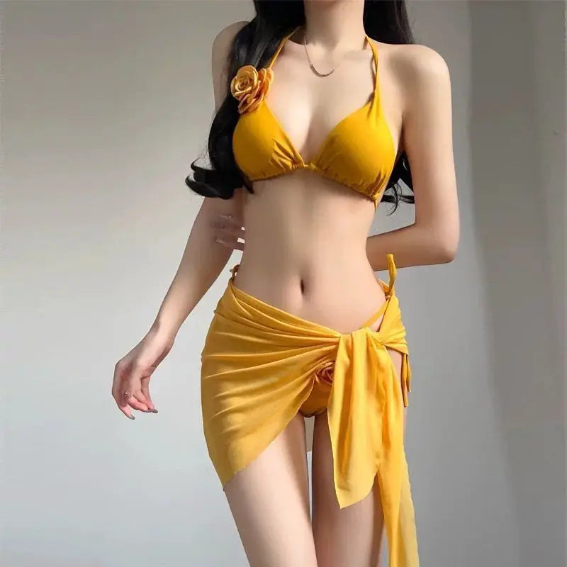 Women Strappy 3 Piece Bikini Set Padded Two Piece Swimsuit Bright Color Bathing Suit Bali Style Beach Holiday Hot Spring Suit
