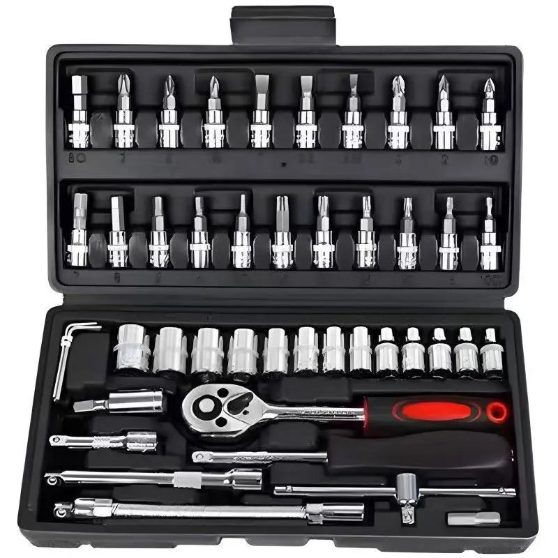 Hot 46Pcs 1/4" Drive Socket Wrench Set, Ratchet Screwdriver & Bit Kit, Carbon Steel, Auto Repair Hand Tool Set with Storage Case