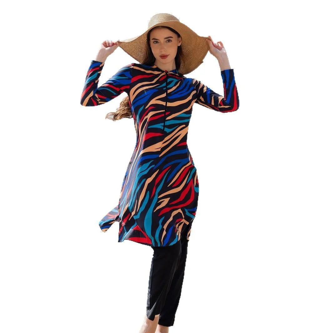 Long Sleeve Swimsuit High Neck Front Zipper Swimwear A Line Abstract Print Maxi Length Multicolor Black Base Modest Bathing Suit