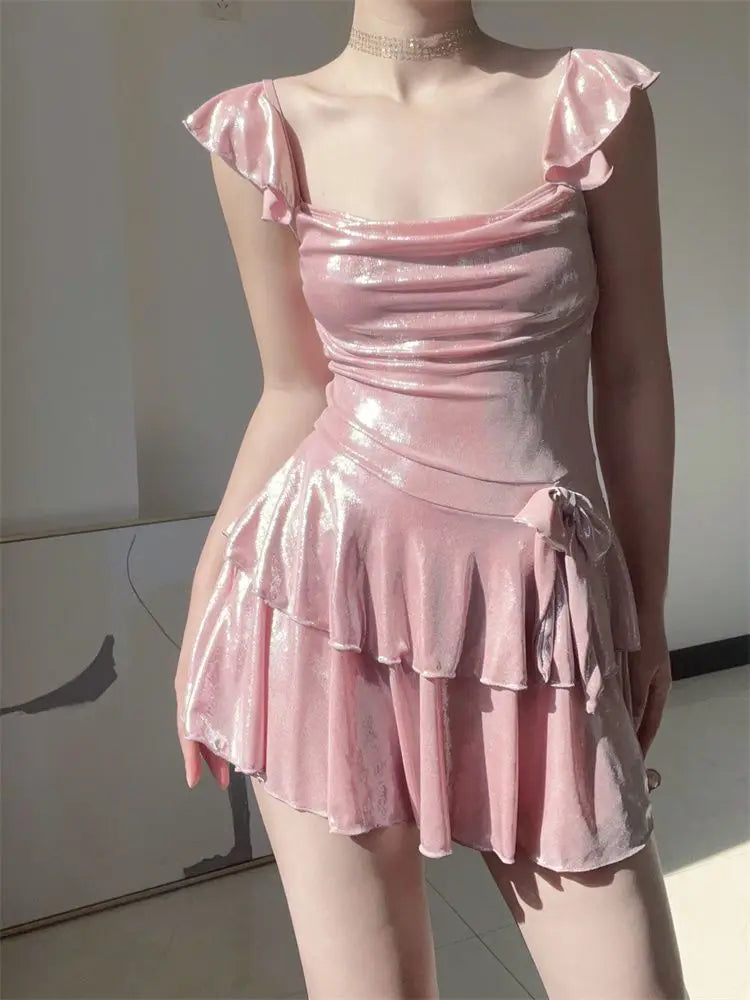 Flattering Shiny Pink Swimwear Women Ruched Tankini Top with Skirt Bottom Tummy Control Bathing Suit Summer Beach Outfits