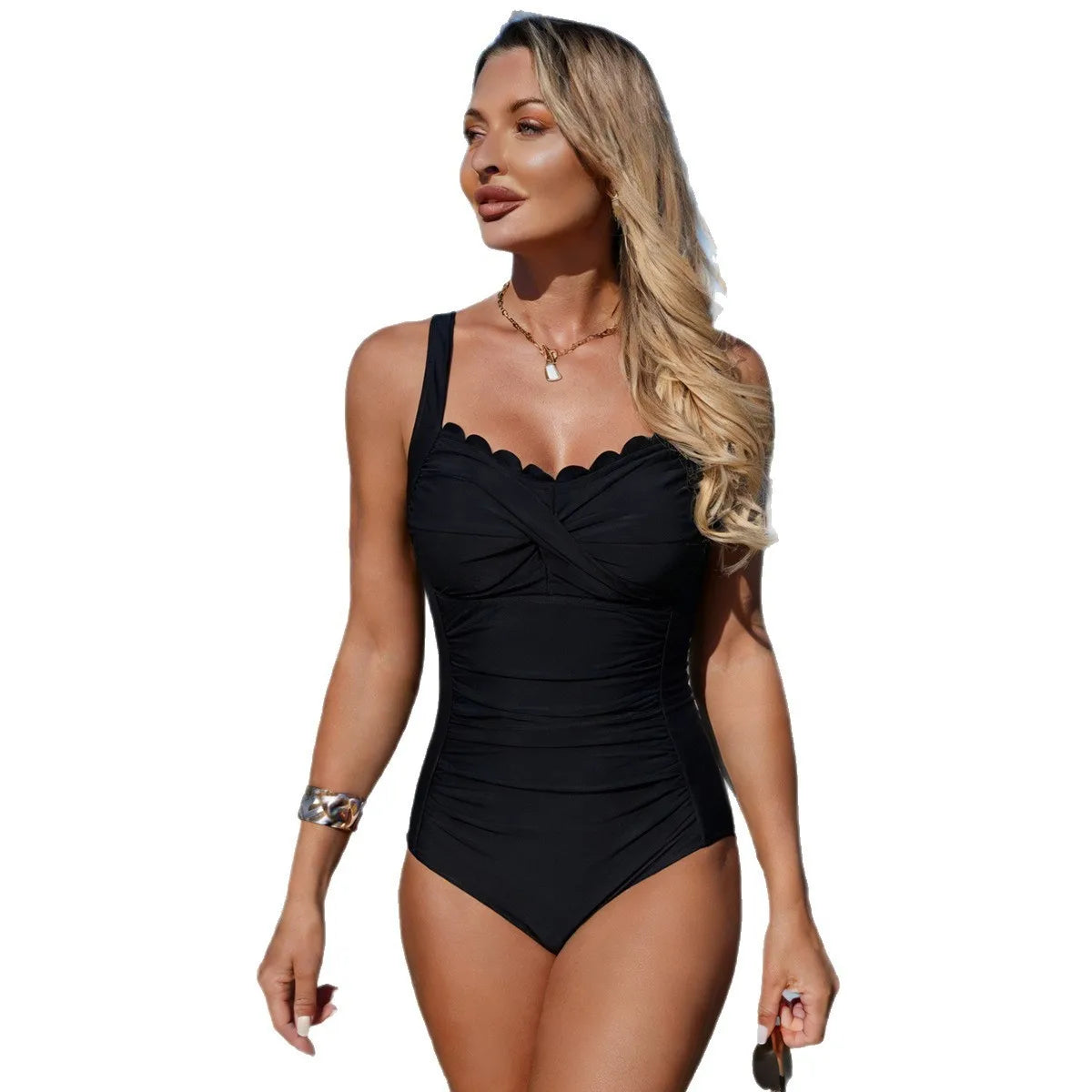 Black Swimsuit Scalloped Neckline Twisted Front Olive Green One-Piece Swimsuit Ruched Waist Side Panel Contrast High Cut Leg