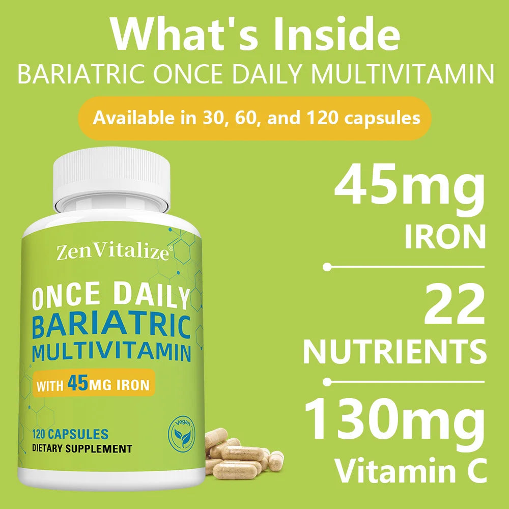 Daily Multivitamin & Minerals Capsules, with Iron, Immunity Energy Hair Skin & Nail Support, Nutrition After Bariatric Surgery