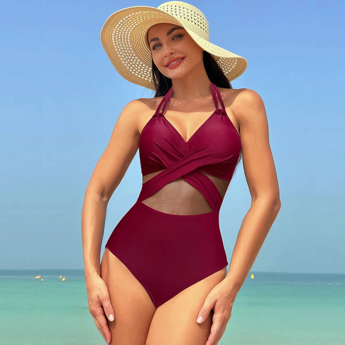 Women's Sleeveless Solid Color Mesh Tankini Bikini Set – Tankini Woman Bathing Suit for Summer Beach Swimwear Dames with Sheer