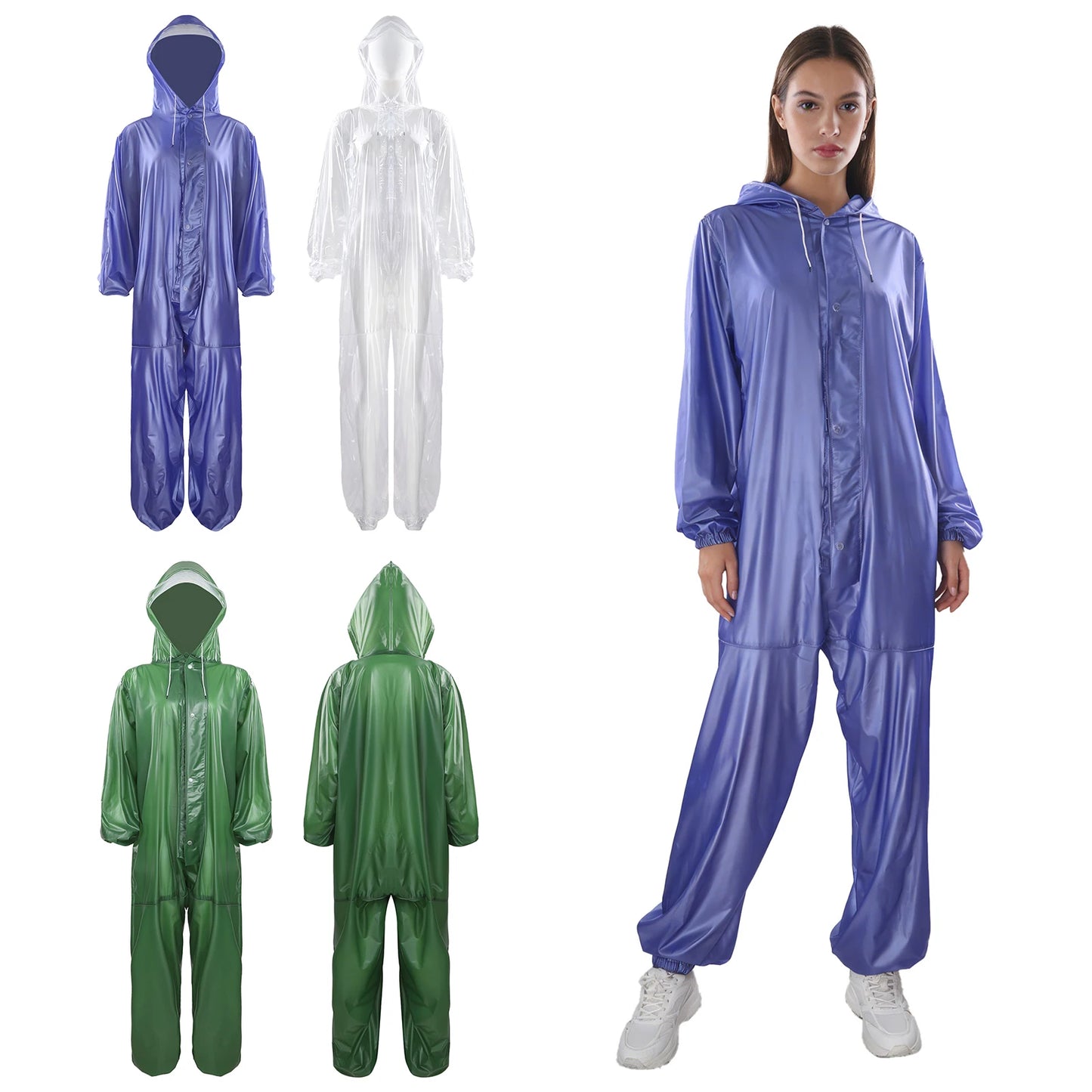 Adults One Piece Full-body Hooded Raincoat Hood with Drawstring Front Button And Zipper One-piece Waterproof Jumpsuit Workwear