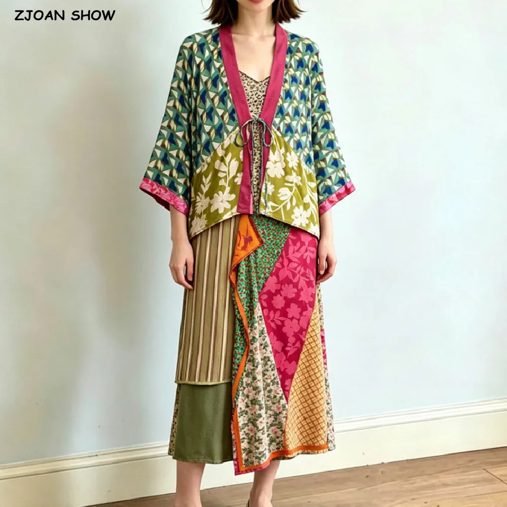 2 pieces 1 Set Autumn Contrast Color Geometric Print Bow Long Bat Sleeve Kimono Cardigan + Tie Bow Waist Asymmetry Skirts Suits