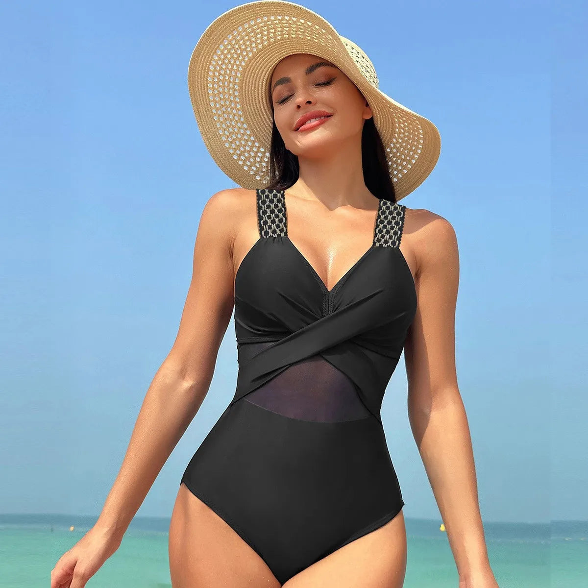 Women's Sleeveless Solid Color Mesh Tankini Bikini Set – Tankini Woman Bathing Suit for Summer Beach Swimwear Dames with Sheer