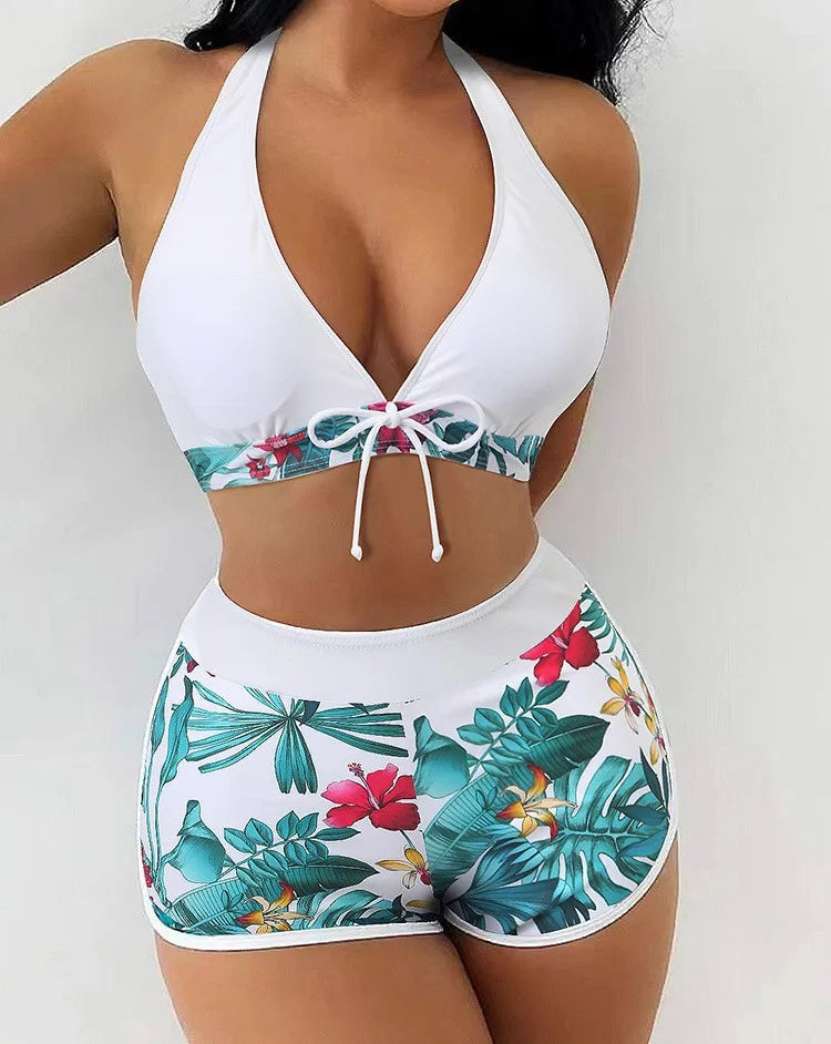 Swimsuit Woman Two Piece Swimsuit Sleeveless Tankini Top High Waist Shorts Swimwear With Tropical Leaf Print Halter Neck