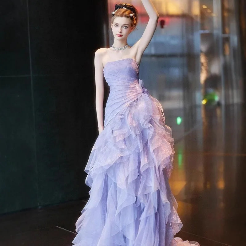 Purple Elegant Strapless Evening Dress 2026 New Engagement Princess Dress Stage Model Runway Dress Custom Fashion Party